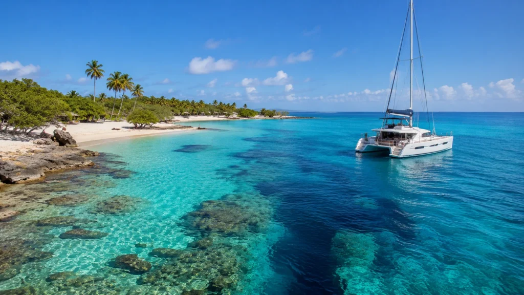 Private catamaran anchored near Catalina Island reef with clear turquoise water and palm-lined beach in the Dominican Republic.