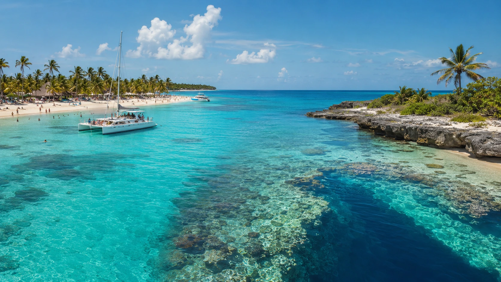 Catamaran sailing between Saona Island beach and Catalina Island reef in turquoise Dominican Republic waters.