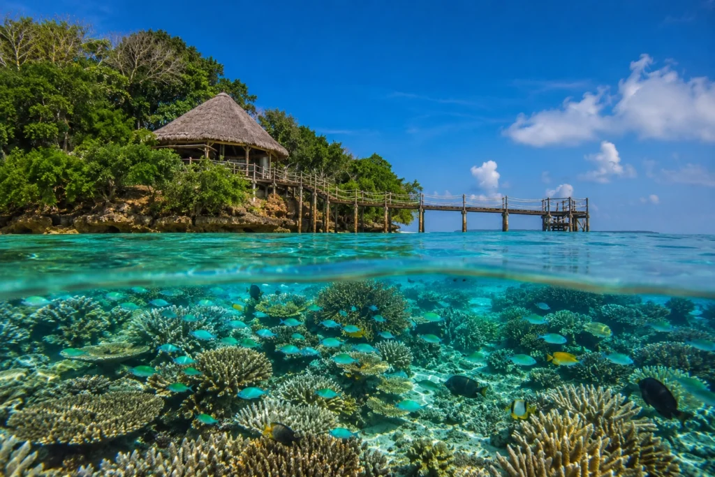 Chumbe Island coral reef sanctuary with clear turquoise water, protected coral, tropical fish, and a wooden pier in Zanzibar.
