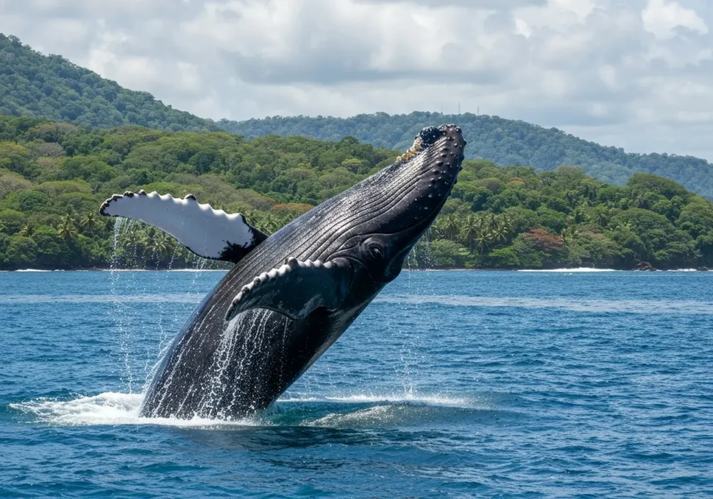 Humpback whale breaching near Costa Rica’s tropical coastline during Costa Rica whale watching tours.