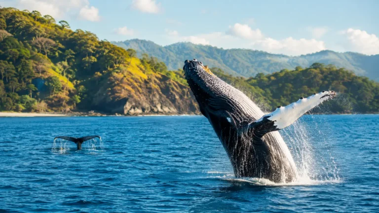 Humpback whale breaching off the Costa Rica Pacific coast during whale watching season