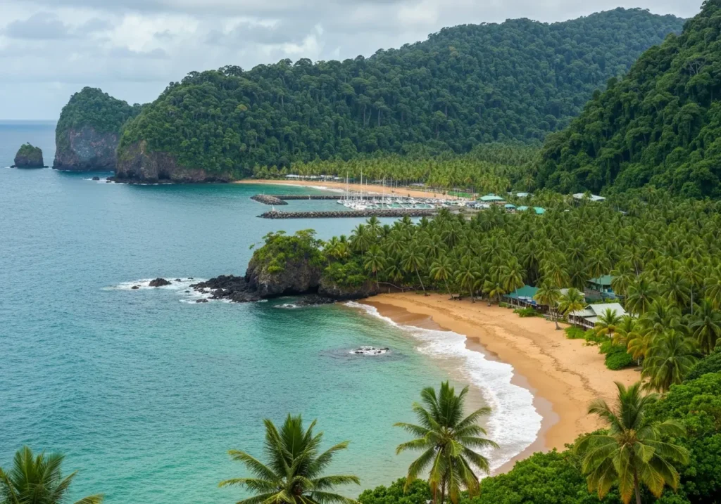 Tropical Costa Rica coastline with palm-fringed beaches and turquoise water, a scenic departure setting for Costa Rica whale watching tours.