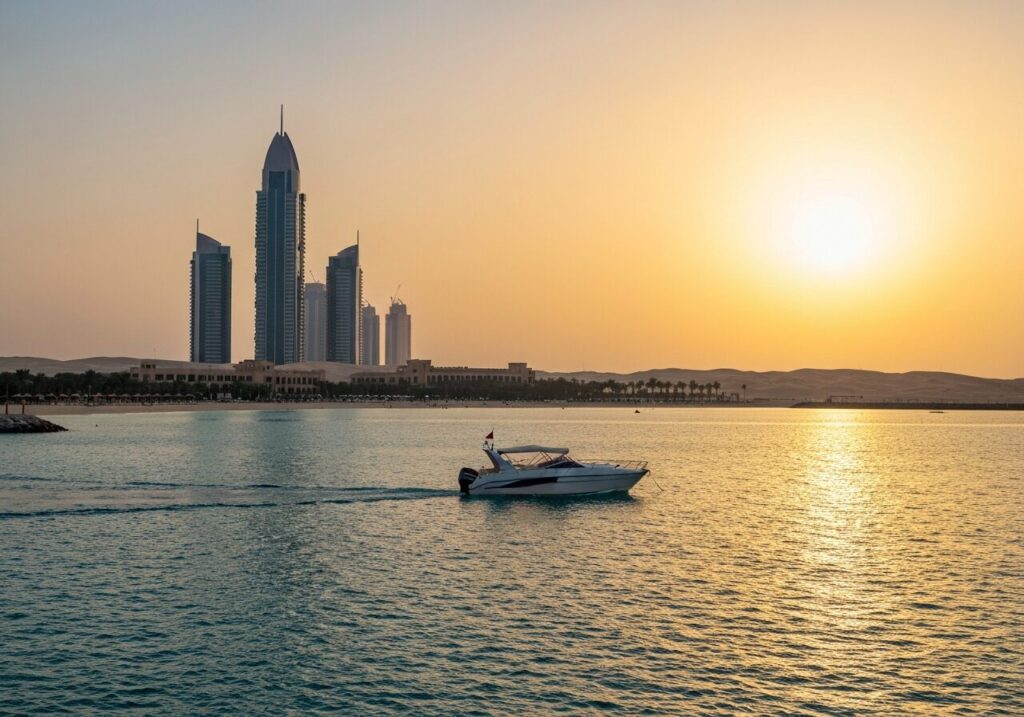 Cruise passing by dubai building at sunset time