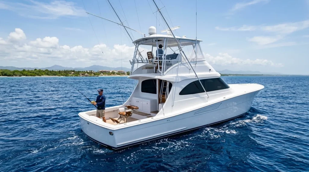 Deep sea fishing charter near Hyatt Zilara Cap Cana featuring a luxury sportfishing boat on the Caribbean waters of Cap Cana.