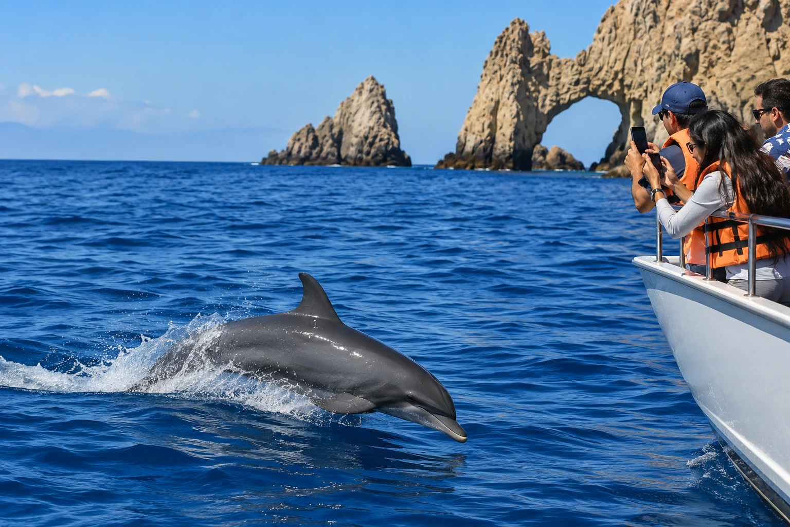 Dolphin swimming near a boat with tourists in Cabo San Lucas, with El Arco and blue ocean in the background