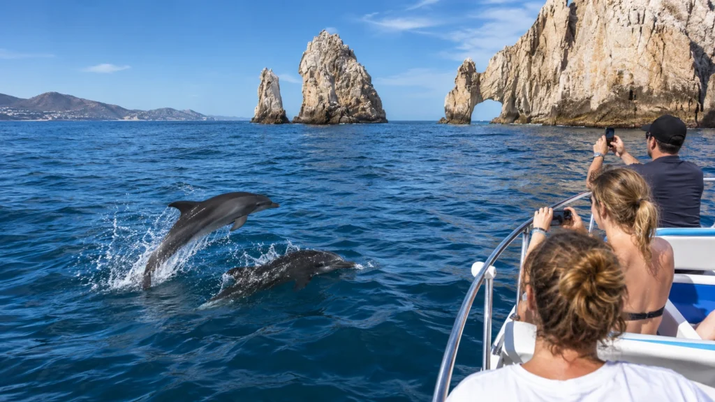 Cabo San Lucas swim with dolphins scene showing wild dolphins near a boat with El Arco in the background