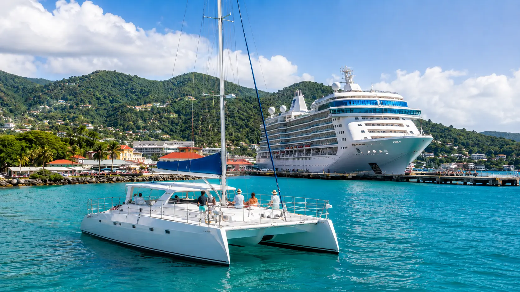 White catamaran sailing near a cruise ship at a tropical Jamaica cruise port with turquoise water and green hills