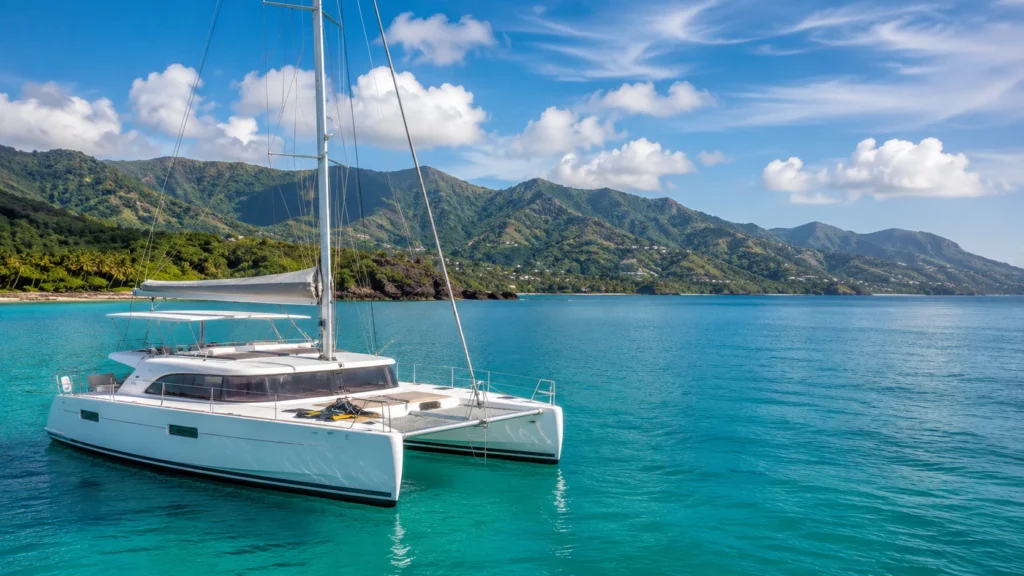Empty white catamaran on calm turquoise water near the Puerto Plata coast with green mountains and blue summer sky in the background.