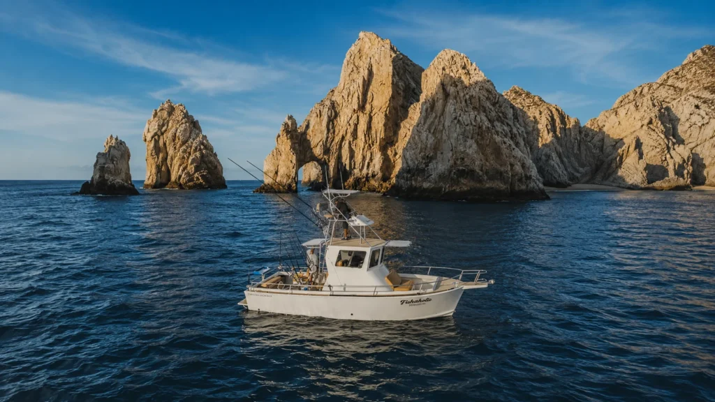 Fishing boat near the iconic rock formations of Cabo San Lucas, with the Sea of Cortez in the background.