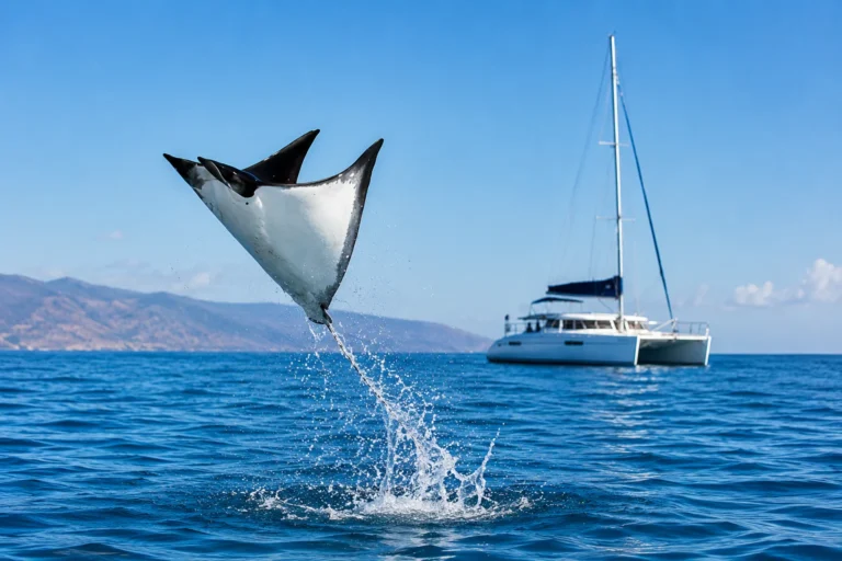 Manta ray leaping from the Sea of Cortez with a catamaran sailing in the background.