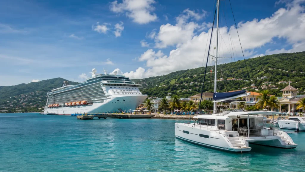 Jamaica cruise port boat excursions with a catamaran near Montego Bay Cruise Port, turquoise water, and green hills