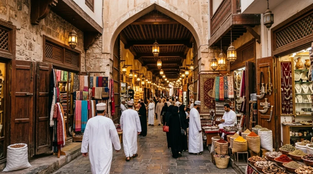 Traditional Mutrah Souq in Old Muscat with lanterns, colorful textiles, spices, silver jewelry, and Omani market architecture.