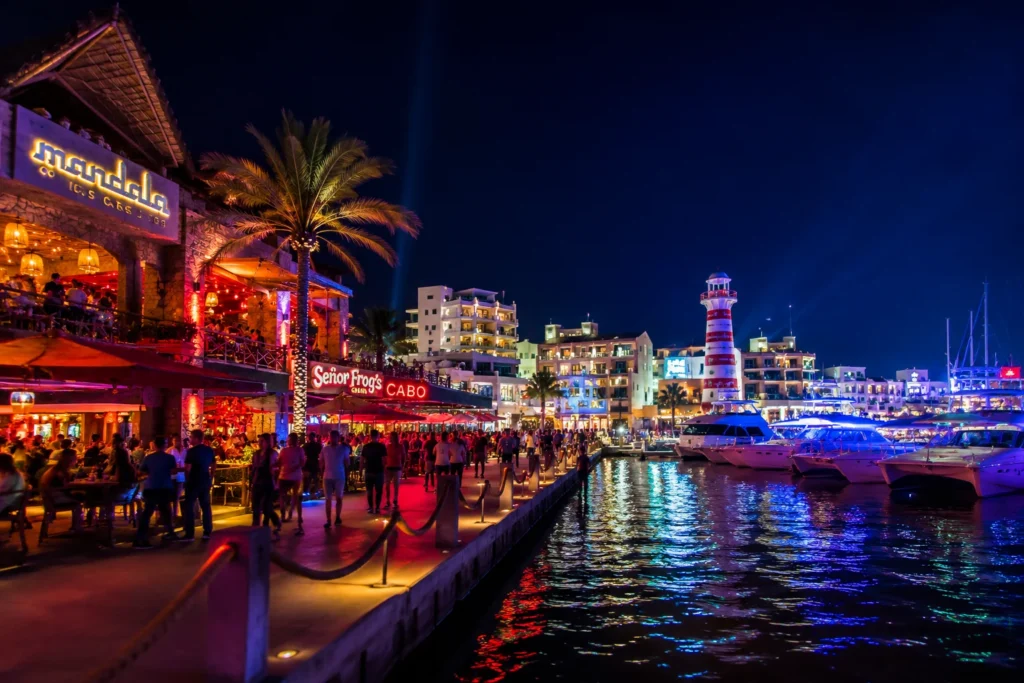 Things to Do in Cabo San Lucas featuring vibrant nightlife at the marina with restaurants, boats, and colorful lights