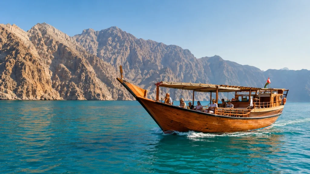 Traditional wooden dhow cruising on calm turquoise water in Musandam, Oman, during the October to April peak boating season.