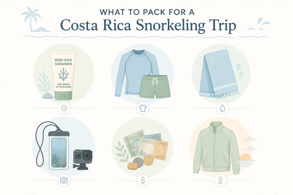 Costa Rica snorkeling packing list infographic with six essential items.