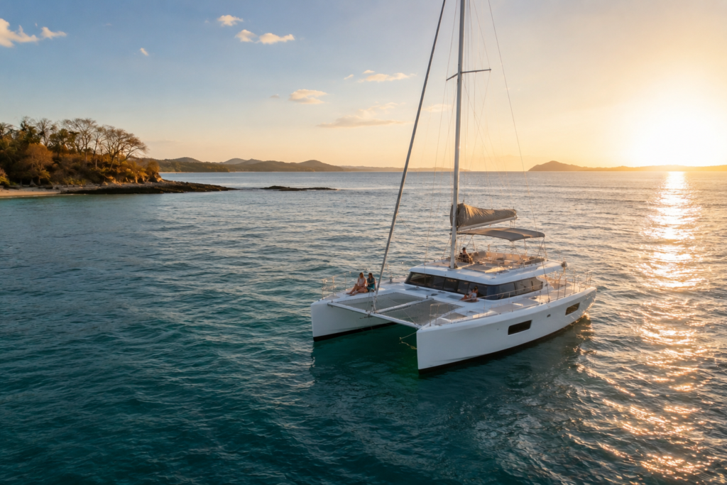 Luxury catamaran cruise in Playa Flamingo Costa Rica at sunset with turquoise ocean views and a tropical coastline in the background.