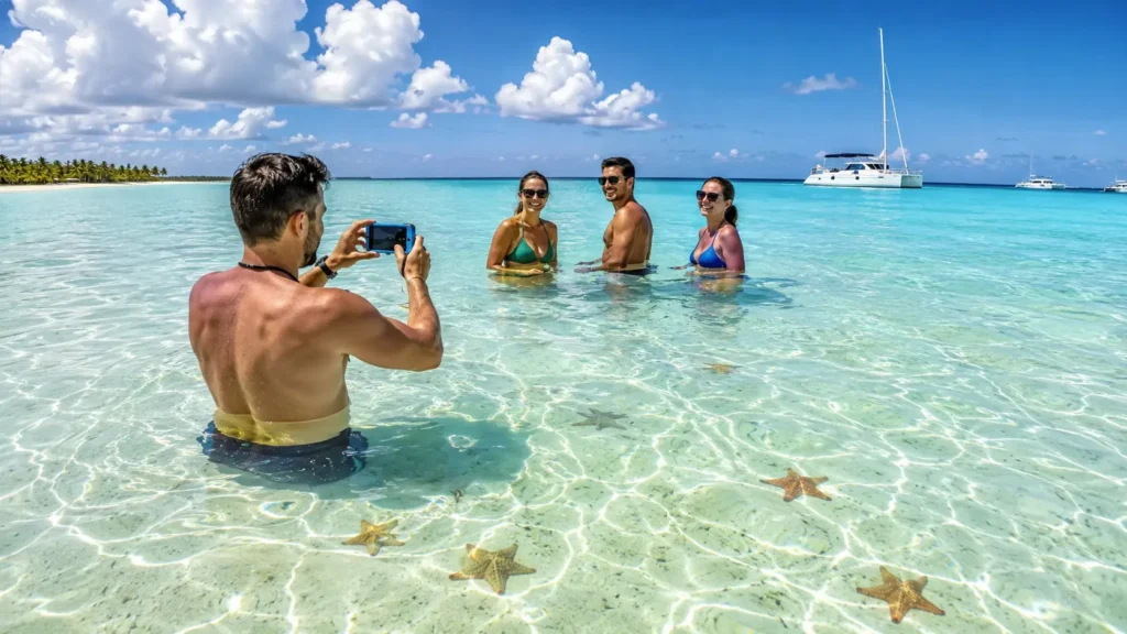 Tourist taking photos of friends in the shallow turquoise water of Isla Saona Piscina Natural with starfish on the sandbar.