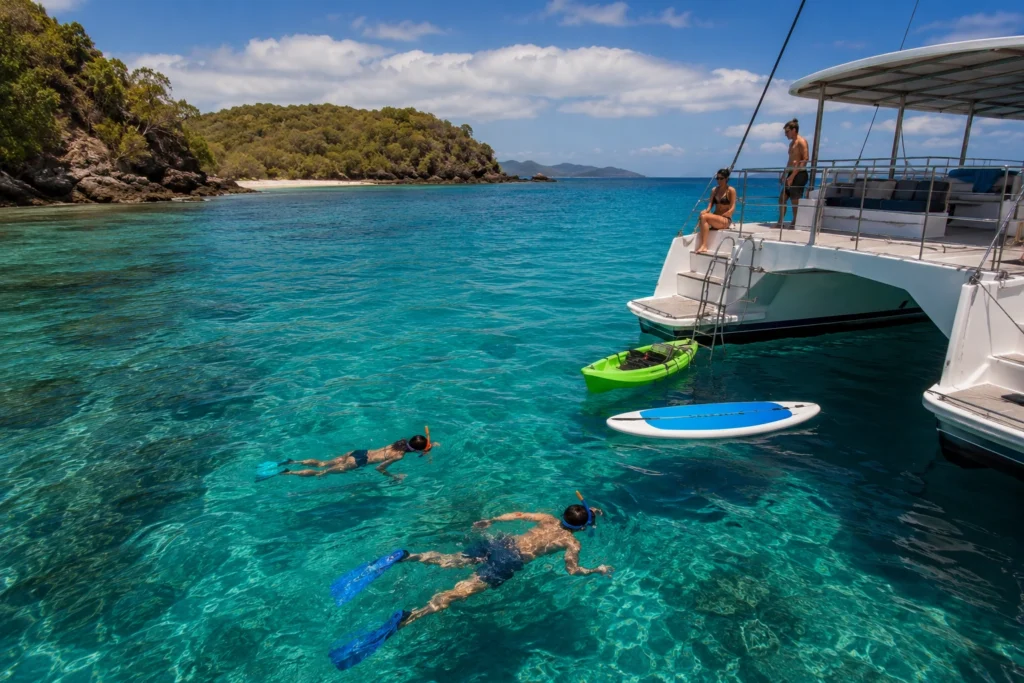 Snorkelers exploring crystal-clear waters beside a catamaran in Playa Flamingo, one of the best places for snorkeling in Costa Rica.