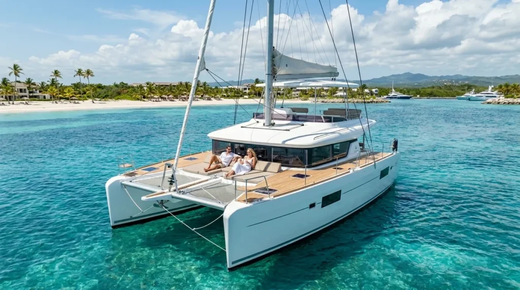 Private catamaran tour from Marina Cap Cana featuring a luxury sailing yacht on crystal-clear Caribbean waters in Cap Cana.