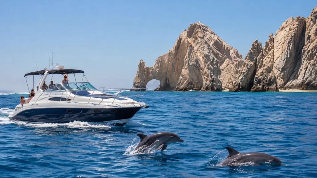 Private yacht near El Arco in Cabo San Lucas with wild dolphins swimming in the blue ocean