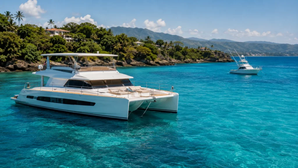 Private catamaran and sportfishing boat on clear blue water near the Puerto Plata coastline in December.