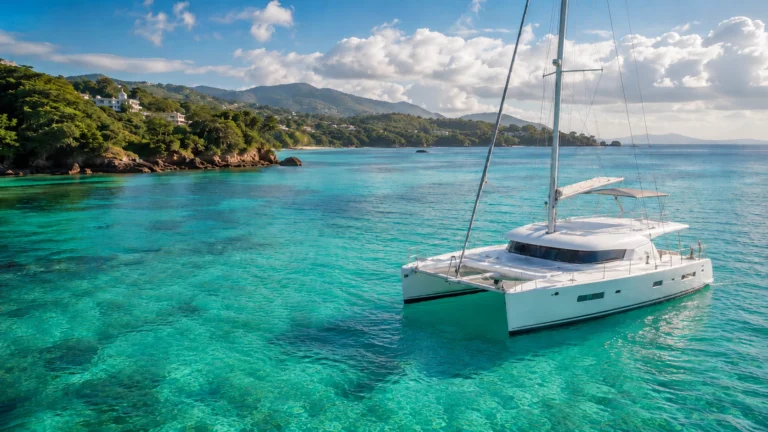 Catamaran sailing on clear turquoise water in Puerto Plata with snorkelers and green coastline in the background