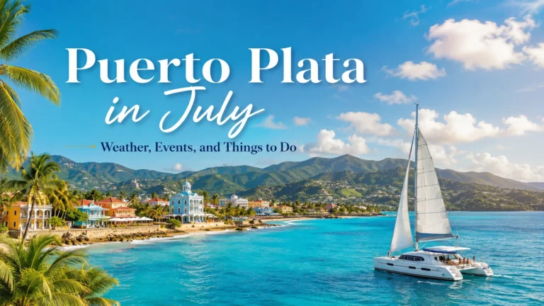 Catamaran sailing along the Puerto Plata in July with turquoise water, palm trees, colorful beachfront buildings, and green mountains.