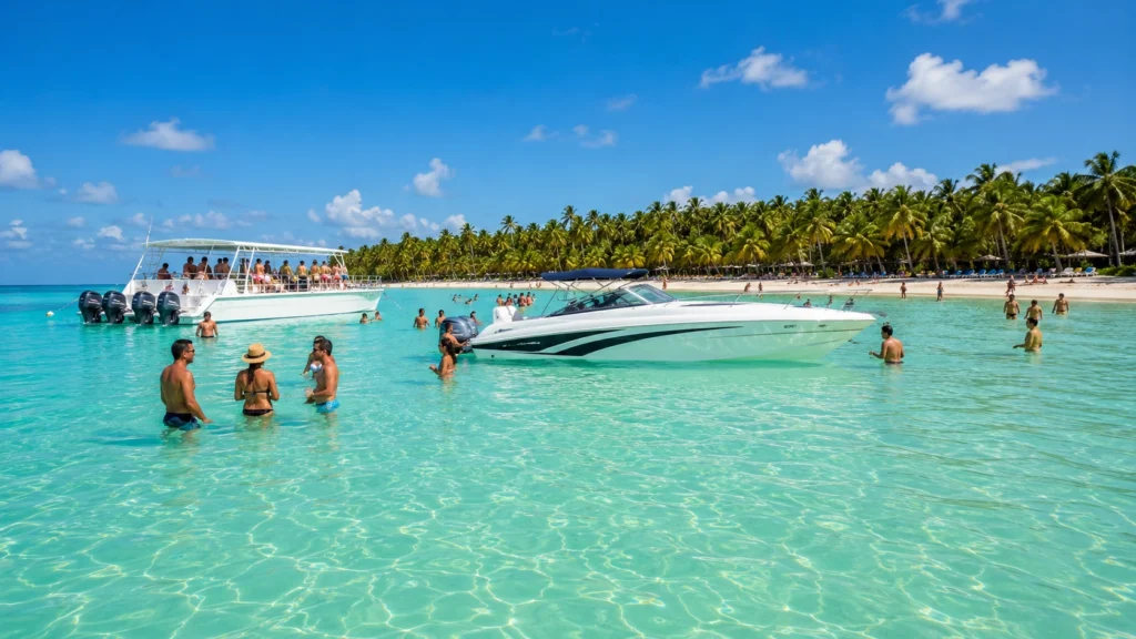 Speedboat and tour boat at Saona Island natural pool with travelers wading in shallow turquoise Caribbean water.