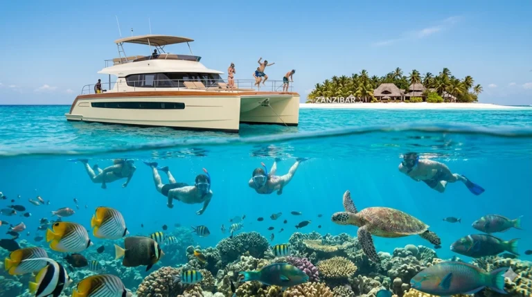 Best snorkeling in Zanzibar with snorkelers exploring a coral reef alongside a sea turtle beneath a catamaran boat.