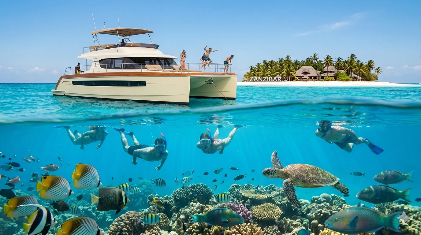 Best snorkeling in Zanzibar with snorkelers exploring a coral reef alongside a sea turtle beneath a catamaran boat.