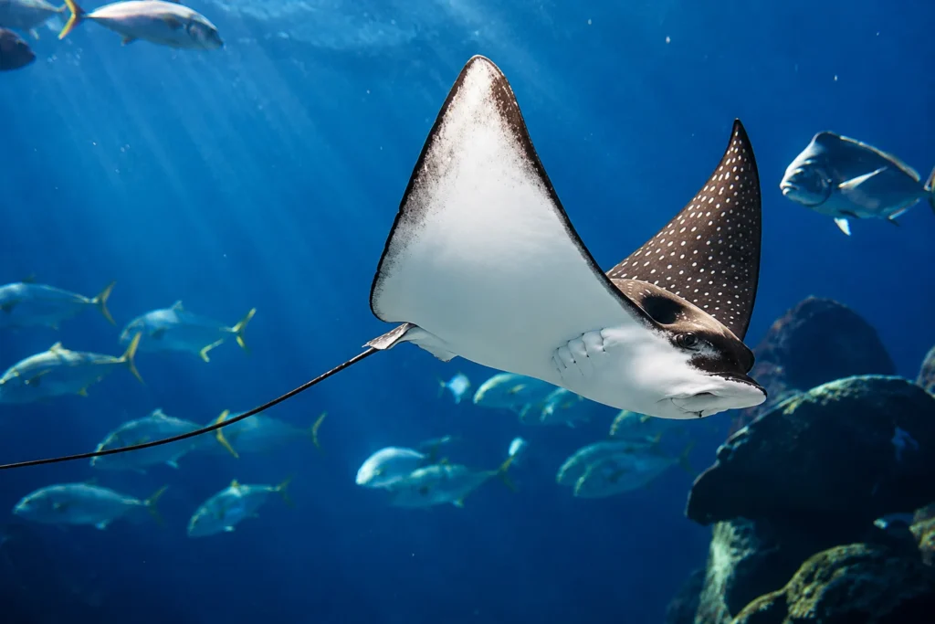 Spotted manta ray swimming underwater with a school of fish in the Sea of Cortez.