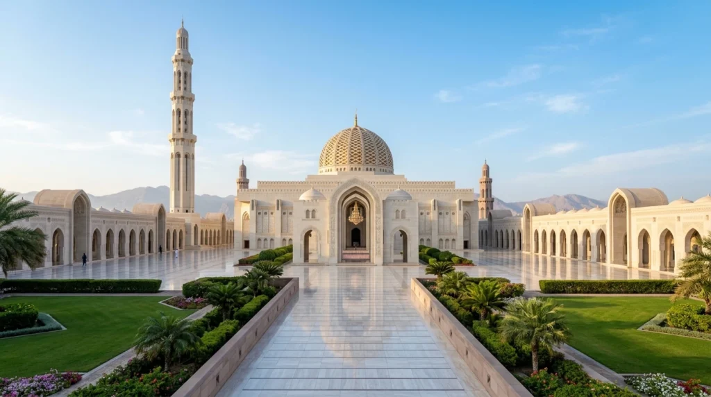 Wide view of Sultan Qaboos Grand Mosque in Muscat, Oman, featuring white marble architecture, a grand dome, tall minarets, and a peaceful courtyard.