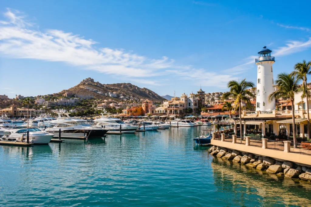 Sunny Los Cabos marina with yachts, a lighthouse, palm trees, waterfront restaurants, and mountains in the background.