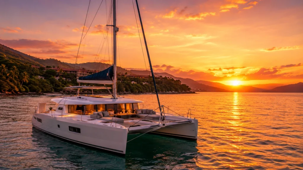 Things to do Puerto Plata cruise port: private white catamaran sailing along the coast at sunset with golden sky and calm ocean water.