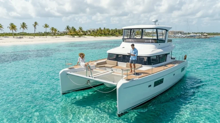 Luxury private catamaran near Cap Cana showcasing one of the most popular Hyatt Zilara Cap Cana excursions on the crystal-clear Caribbean waters of the Dominican Republic.