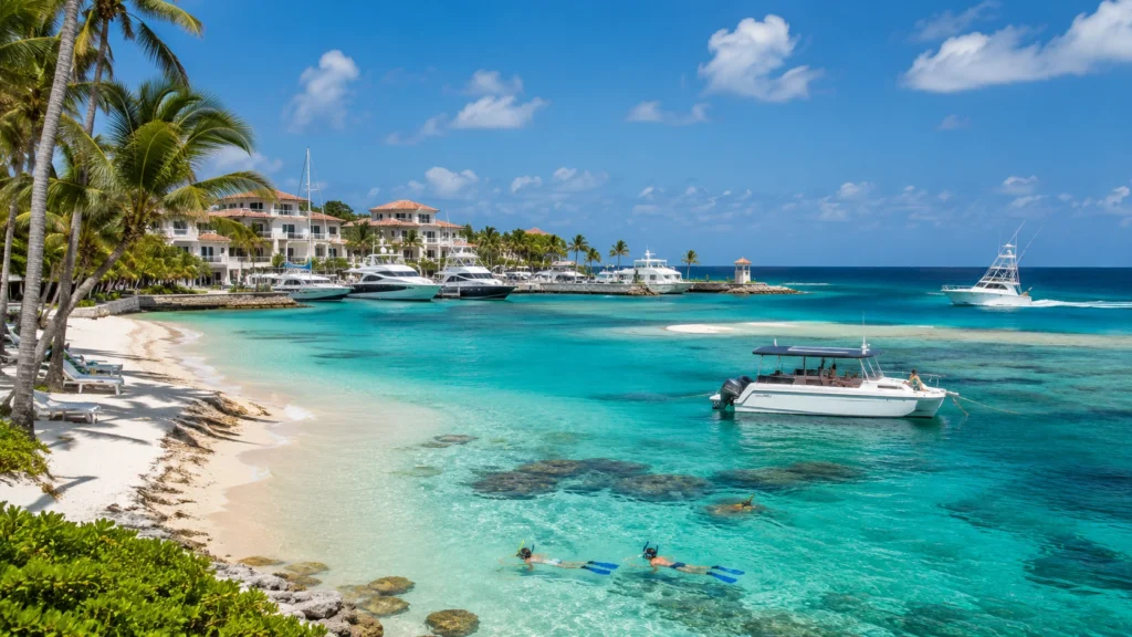 Things to do in Cap Cana Punta Cana with Juanillo Beach, Marina Cap Cana, turquoise water, snorkeling, sandbar, and boats.