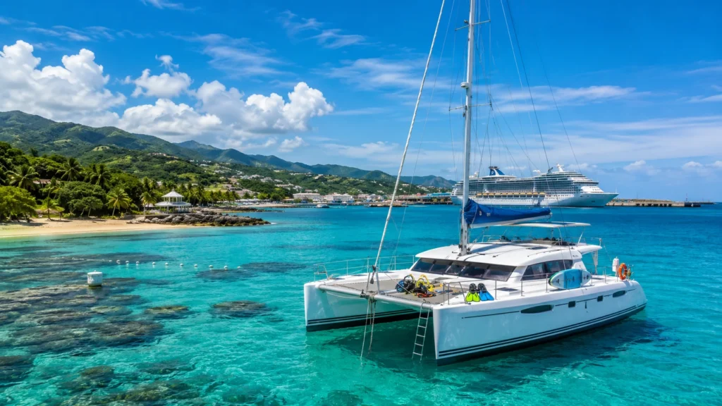 Things to do Puerto Plata cruise port: white catamaran on turquoise water near a reef, beach, mountains, and cruise ship.