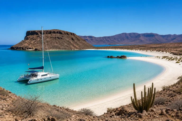 Balandra Beach with turquoise waters, white sand, a catamaran, and desert landscapes in Baja California Sur.