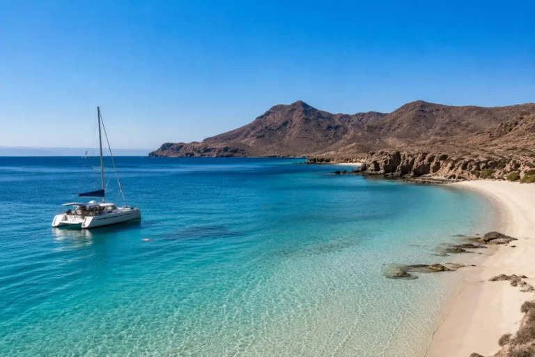 Things to do in the Sea of Cortez with a catamaran cruising turquoise waters beside a sandy beach and rugged desert cliffs