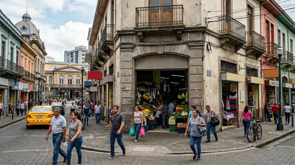 things to do in San Jose Costa Rica Historic downtown San José Costa Rica near Mercado Central with local market stalls, colonial buildings, and people walking along the city streets.