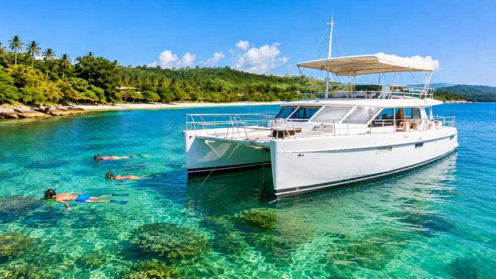 Close-up white catamaran with snorkelers over clear reef water in Sosúa Bay, Puerto Plata.