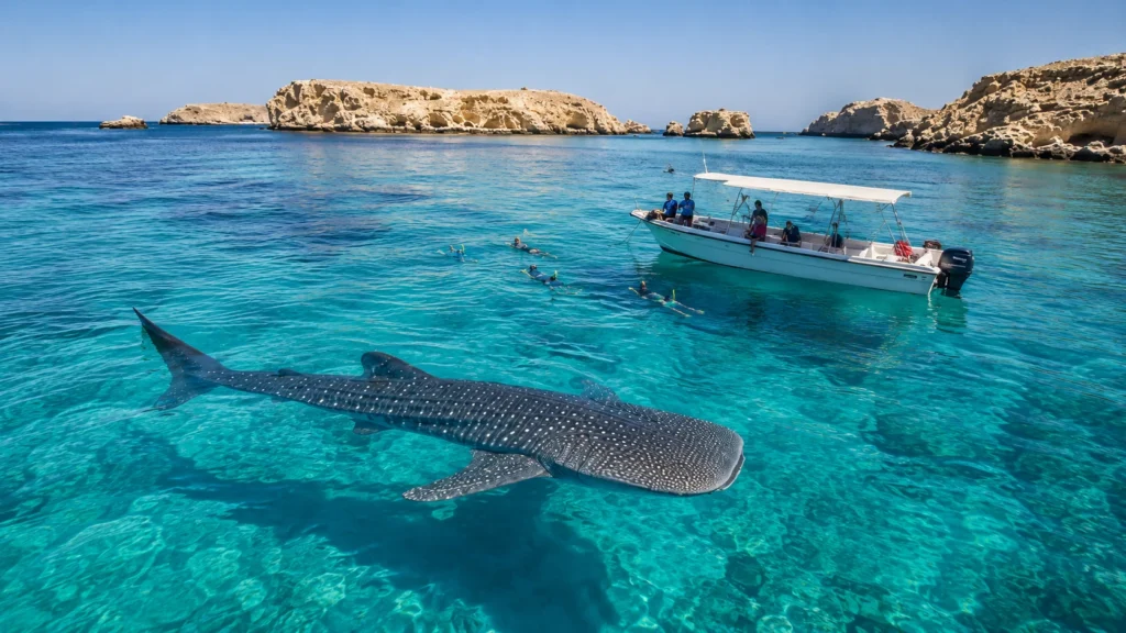 Whale shark swimming near snorkelers at the Daymaniyat Islands, showing the best time for boat trips in Oman during late summer.