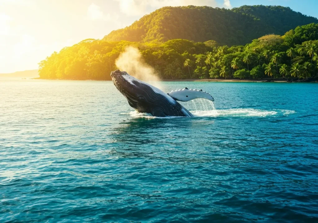 Humpback whale breaching in turquoise waters near Costa Rica’s tropical coastline during a whale watching tour.