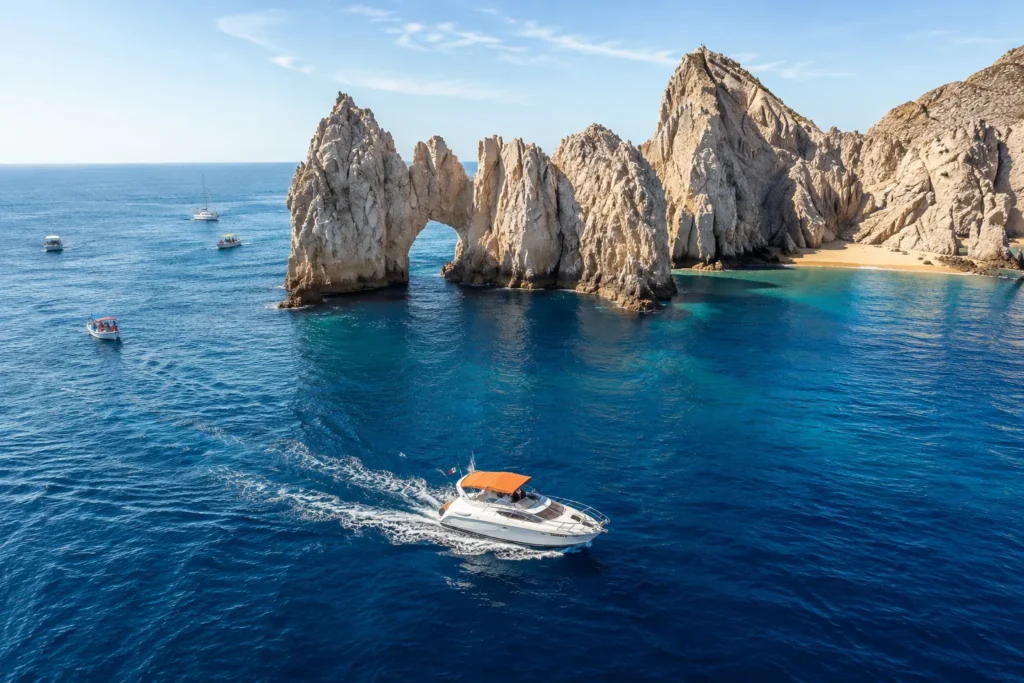 Los Cabos boat tour approaching the iconic Arch of Cabo San Lucas with dramatic rock formations and deep blue waters.