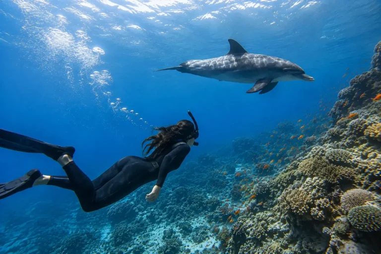 Best Snorkeling in Zanzibar with a snorkeler swimming beside a dolphin over a vibrant coral reef.