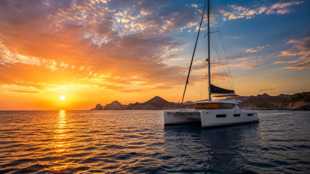 Catamaran on deep sea water with sunset view.