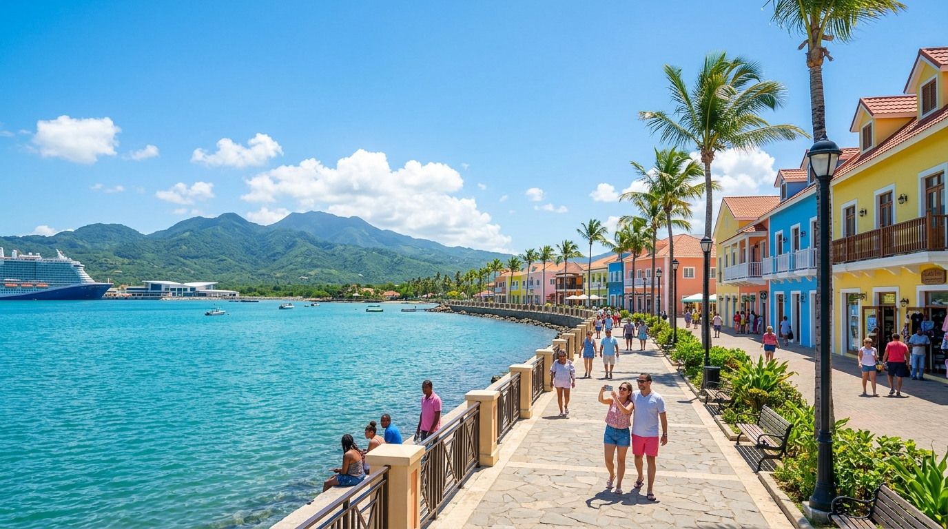 Free things to do in Puerto Plata cruise port with a waterfront promenade, colorful Caribbean buildings, cruise ship, turquoise water, and mountain views