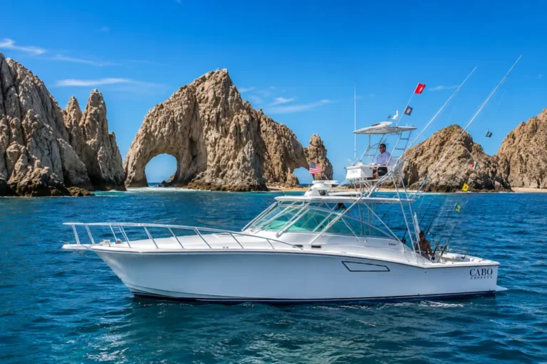 Fishing boat sailing past the iconic El Arco rock formation, reflecting the maritime heritage and History of Cabo San Lucas.