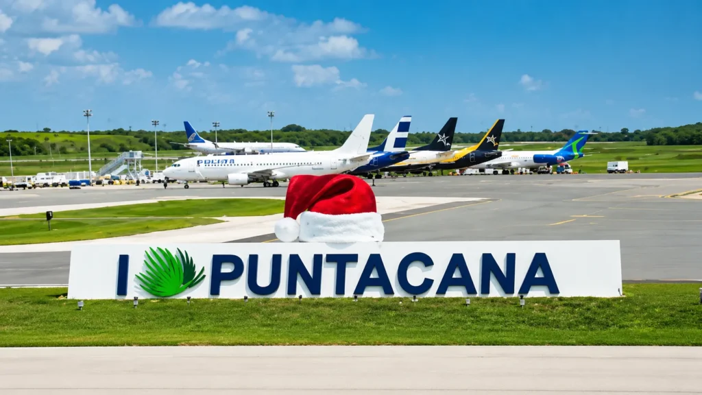Punta Cana International Airport entrance with the iconic Punta Cana sign, commercial airplanes on the runway, and a bright tropical sky in the Dominican Republic.
