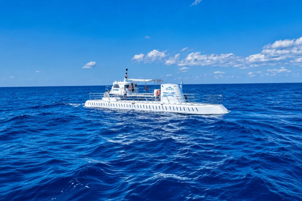 Pristine Cozumel beach with swaying palm trees, turquoise Caribbean water, white sand, and small fishing boats under a bright blue sky with fluffy clouds.